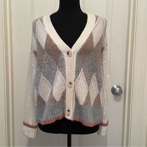Rachel Zoe Argyle Knit Cardigan Sweater V-Neck Women's X-Small XS White Gray Tan